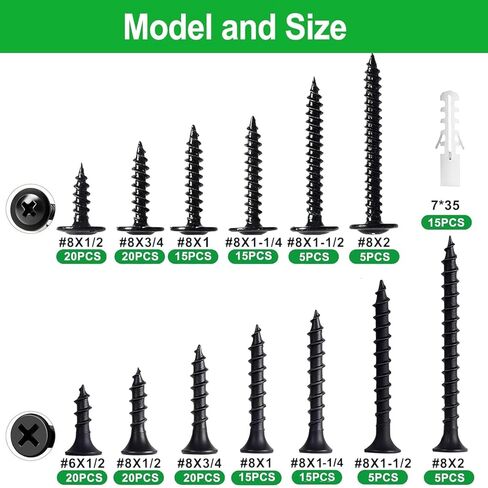 #6#8 Black Wood Screws Assortment Kit,Black Drywall Screws for Wood,Flat Head & Phillips Truss Head Self Tapping Screws for Wood,Sheetrock(195PCS) in Saudi Arabia