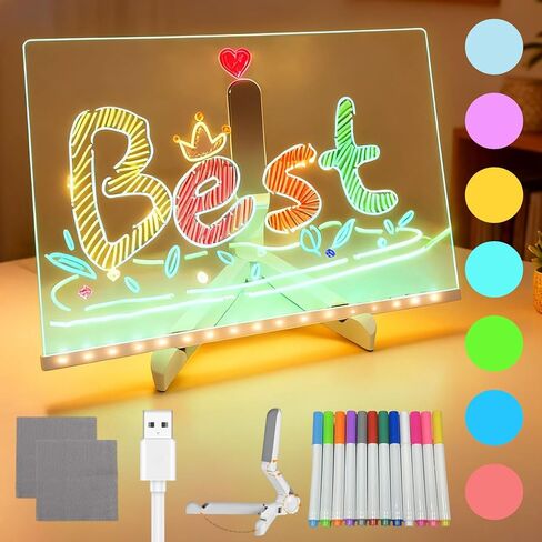 لوحة رسم LED Cosmody، لوحة ملاحظات LED مع 7 ألوان، لوحة رسم LED مع حامل قابل للتعديل و12 قلمًا، لوحة ملاحظات LED بألوان، لوحة مسح جافة، هدية اتجاه العطلات (11.8 * 7.8 بوصة) in Kuwait