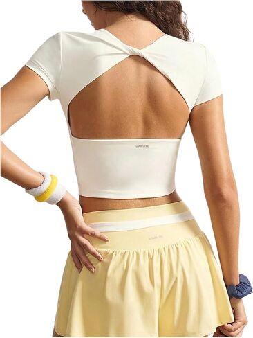 OYOANGLE Women's Twist Open Back Short Sleeve Sports Bras Workout Gym Yoga Activewear Tops in Saudi Arabia