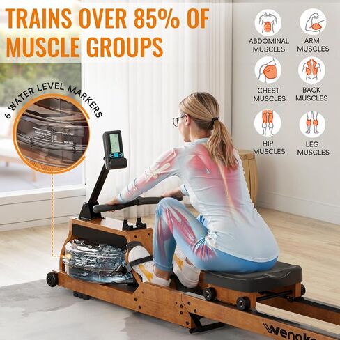 Water Rowing Machine for Home Use, WENOKER Foldable Wooden Rower Machine with Adjustable Monitor & Bluetooth APP, Large Water Tank & Comfortable Seat for Immersive Water Rower, 350LBS Weight Capacity in Kuwait