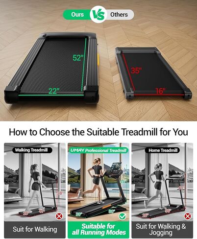 جهاز مشي للياقة البدنية من UMAY مع ميل تلقائي بنسبة 20%، سعة 400 رطل، سرعة 4.0 حصان و9.5 ميل في الساعة، قابل للطي 55 بوصة × 18 بوصة، جهاز مشي واسع للغاية لمنطقة المشي والجري للمنزل بمقبض in Kuwait