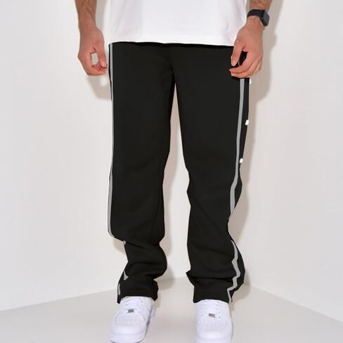 Men's Snap Button Track Pants, Athletic Sweatpants with Side Stripes, Cozy Elastic Waist Casual Sports Jogger Trousers in Saudi Arabia