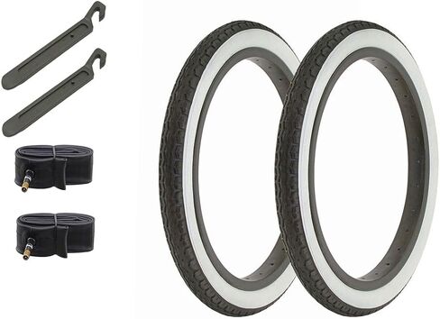 Bicycle 16" x 1.75" Black/White Side Wall 2 Tires W/Tubes & Nylon Levers AL-1160 Slick Bike Style | (Two Tire) + (Two Standard Tube) + (Two Lever) in Saudi Arabia