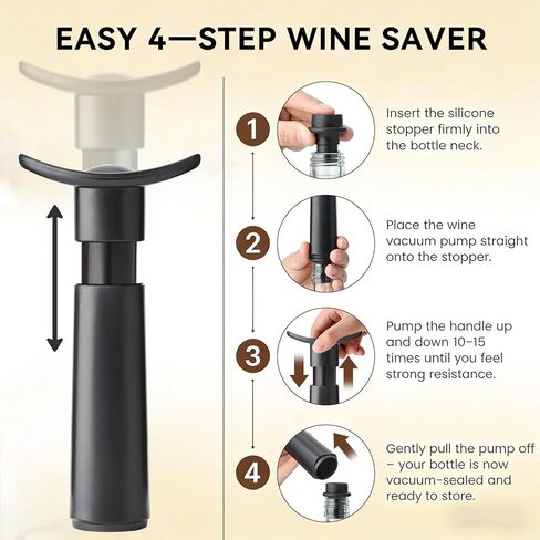 Wine Vacuum Pump & 2 Stoppers Set, Reusable Wine Saver Preserver for Airtight Seal - Keeps Wine Fresh Longer (1 Pump + 2 Stoppers) in Kuwait