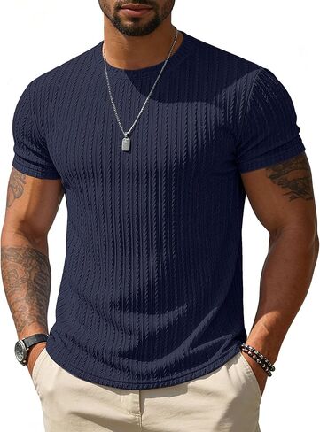 تي شيرت UOUA رجالي بأكمام قصيرة، بلوفر كاجوال بياقة مستديرة ومتماسكة، تي شيرت علوي in Kuwait