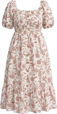 Plus Size Summer Dresses - Boho Casual Wedding Guest Midi Flowy Short Sleeves Smocked Button Down Dress for Curvy Women in Saudi Arabia