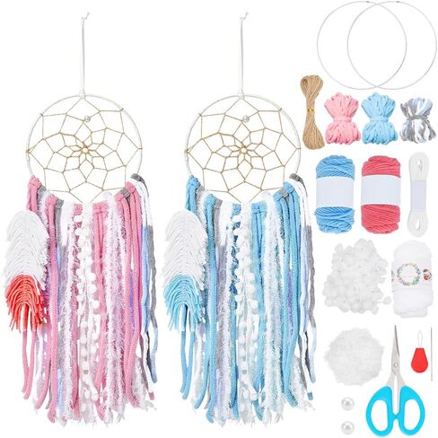 DIY two-color Dreamcatcher kit 2set Boho Purple Blue Wool Yarn Handmade Dream Catcher for Beginner Dream Catcher Wall Decor for Women Gift Moon Sun DIY Gifts for Bedroom Christmas in Saudi Arabia