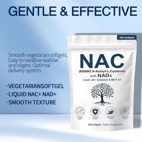 NAC 600 مجم غير معدل وراثيًا، خالي من الغلوتين، مكمل NAC العضوي، كبسولات N-Acetyl Cysteine ​​مع NAD+ للصحة الخلوية والرئة، 300 كبسولة هلامية in Saudi Arabia