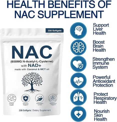 NAC 600 مجم غير معدل وراثيًا، خالي من الغلوتين، مكمل NAC العضوي، كبسولات N-Acetyl Cysteine ​​مع NAD+ للصحة الخلوية والرئة، 300 كبسولة هلامية in Saudi Arabia