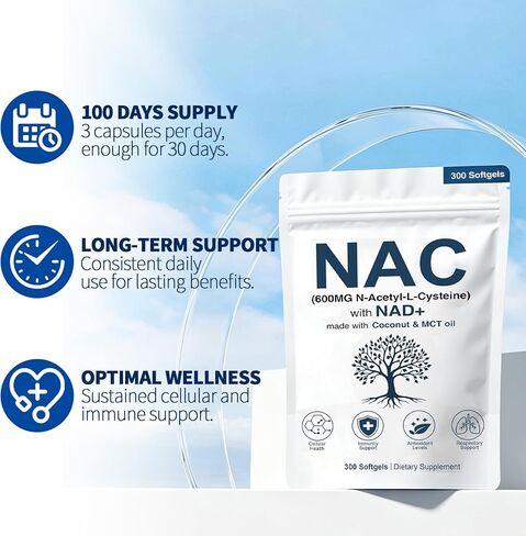 NAC 600 مجم غير معدل وراثيًا، خالي من الغلوتين، مكمل NAC العضوي، كبسولات N-Acetyl Cysteine ​​مع NAD+ للصحة الخلوية والرئة، 300 كبسولة هلامية in Saudi Arabia