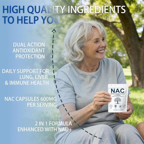 NAC 600 مجم غير معدل وراثيًا، خالي من الغلوتين، مكمل NAC العضوي، كبسولات N-Acetyl Cysteine ​​مع NAD+ للصحة الخلوية والرئة، 300 كبسولة هلامية in Saudi Arabia
