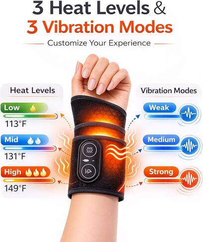 Cordless Wrist Heating Pad with Massage, Rechargeable Heated Wrist Brace for Carpal Tunnel & Arthritis Relief, Red Light Therapy, Adjustable Heat & Vibration, Gift for Men & Women in Saudi Arabia