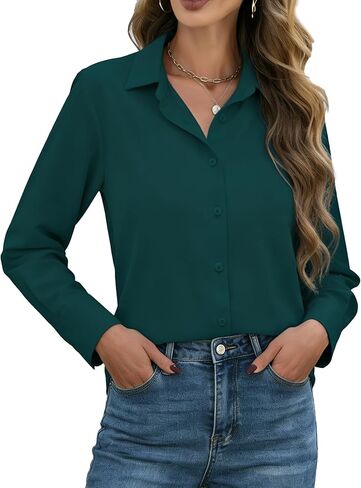 زر jtd women's أسفل القمصان طويلة الأكمام الزوايا بلوزات العمل الخالية من التجاعيد. in Kuwait