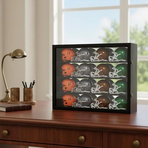 حافظة عرض خوذة كرة القدم المصغرة - حافظة عرض مثبتة على الحائط مع حماية من الأشعة فوق البنفسجية ومرآة خلفية - خزانة من الخشب الصلب الفاخر in Kuwait