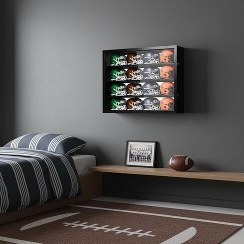 حافظة عرض خوذة كرة القدم المصغرة - حافظة عرض مثبتة على الحائط مع حماية من الأشعة فوق البنفسجية ومرآة خلفية - خزانة من الخشب الصلب الفاخر in Kuwait