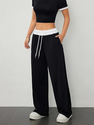 Women's Wide Leg Sweatpants Drawstring High Waisted Yoga Pants with Pockets Patchwork Straight Gray Sweatpants Loose Fit in Saudi Arabia