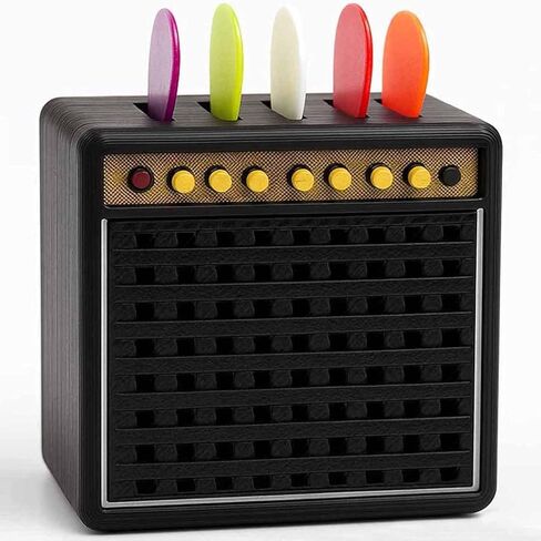 A speaker-style pick storage box, containing 5 randomly colored celluloid picks, suitable as a fun desktop toy and gift for guitar, bass and ukulele players in Saudi Arabia