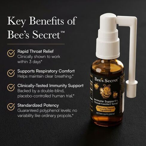 Bee’s Secret Bee Propolis Spray with Manuka Honey - Clinically Tested Throat & Immune Support - Standardized Promunel, Zinc & Riboflavin for Seasonal Wellness - Alcohol Free - 75 Servings, 1 fl oz. in Kuwait