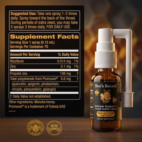 Bee’s Secret Bee Propolis Spray with Manuka Honey - Clinically Tested Throat & Immune Support - Standardized Promunel, Zinc & Riboflavin for Seasonal Wellness - Alcohol Free - 75 Servings, 1 fl oz. in Kuwait
