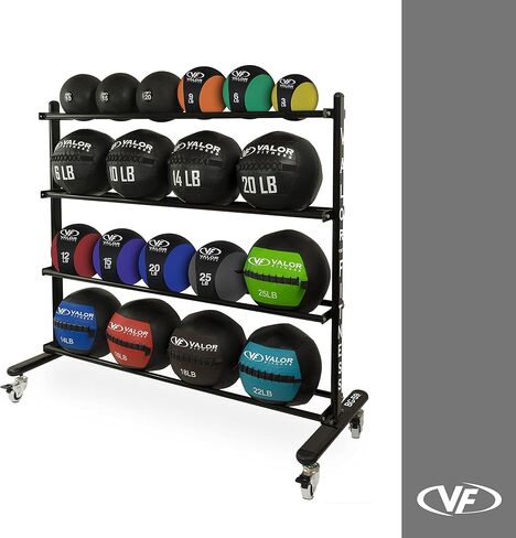 رف تخزين كرات التمرين ذو 4 طبقات من Valor Fitness مع عجلات - يحمل ما يصل إلى 20 كرة طبية وكرة حائطية - منظم صالة الألعاب الرياضية المنزلي المتين in Kuwait