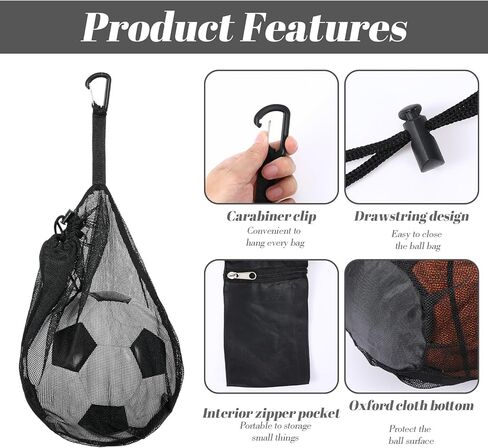 Mesh Ball Bag With Zipper Single Pocket Portable Drawstring Net Ball Storage Bag With Hanging Clip Fits All Kinds Of Basketball Football Volleyball For Men Women Black in Saudi Arabia