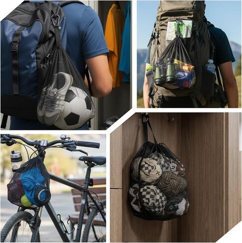 Mesh Ball Bag With Zipper Single Pocket Portable Drawstring Net Ball Storage Bag With Hanging Clip Fits All Kinds Of Basketball Football Volleyball For Men Women Black in Saudi Arabia