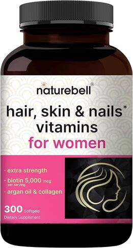 فيتامينات NatureBell للشعر والبشرة والأظافر* للنساء - 5000 ميكروغرام من البيوتين والكولاجين والكيراتين وحمض الهيالورونيك وزيت الأرغان ومركب B - تركيبة 21 في 1 مع زيت MCT، 300 كبسولة هلامية (كمية تكفي 100 يوم) in Kuwait