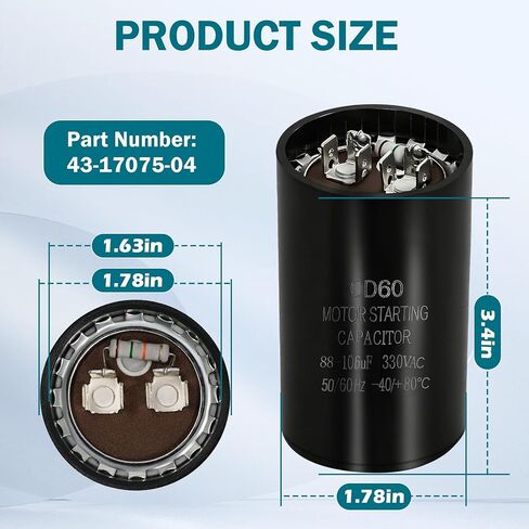 88-106 فائق التوهج 330 فولت مكثف بدء تشغيل مكيف الهواء 43-17075-04 استبدال CD60 مكثف بدء تشغيل المحرك المستدير 50/60 هرتز 88/106 MFD 330VAC in Saudi Arabia