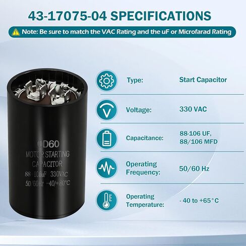 88-106 فائق التوهج 330 فولت مكثف بدء تشغيل مكيف الهواء 43-17075-04 استبدال CD60 مكثف بدء تشغيل المحرك المستدير 50/60 هرتز 88/106 MFD 330VAC in Saudi Arabia