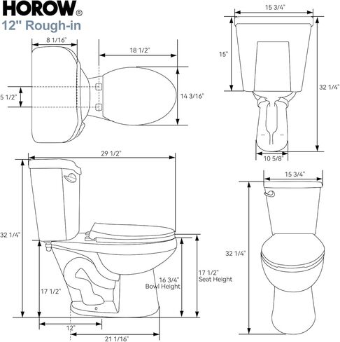 مرحاض HOROW بطول 17 بوصة مع ارتفاع كرسي ADA، مرحاض من قطعتين مع تدفق فردي قوي 1.28 GPF، MAP 1000 جرام، وعاء طويل القامة مناسب للأشخاص طويلي القامة وكبار السن in Kuwait