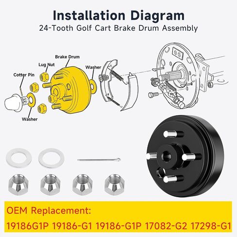 مجموعة محور طبلة الفرامل الخلفية لعربة الجولف 19186G1P لـ EZGO TXT 1982-UP Electric & 1982-1993 عربة جولف تعمل بالغاز بدورتين، فتحة مركزية ذات 24 سنًا 0.75 بوصة، استبدل OEM # 19186-G1 17082-G2 17298-G1 in Kuwait