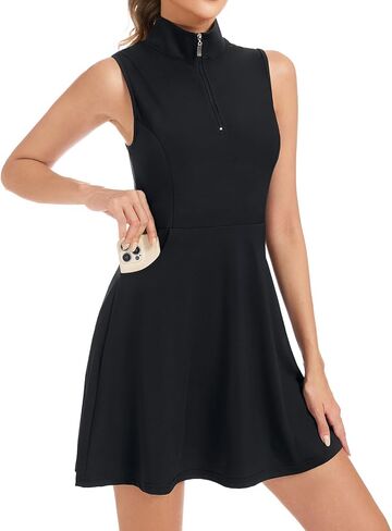 فستان تنس الجولف للسيدات من Misyula Style مع جيوب قصيرة بدون أكمام وسحاب لأعلى، فستان رياضي رياضي سريع الجفاف in Kuwait