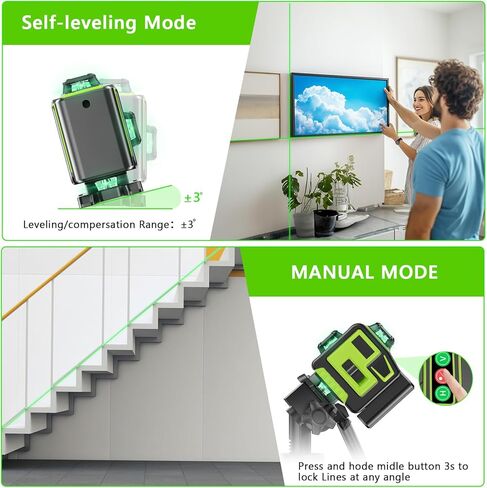 16 Line Laser Level 360 Self Leveling, 4x360°Professional 4D Green Cross Line laser Level with 2 Batteries & Remote Control, for Tiling Floor Construction and Picture Hanging in Kuwait