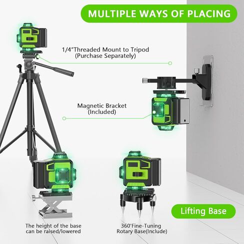 16 Line Laser Level 360 Self Leveling, 4x360°Professional 4D Green Cross Line laser Level with 2 Batteries & Remote Control, for Tiling Floor Construction and Picture Hanging in Kuwait