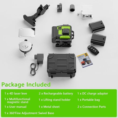 16 Line Laser Level 360 Self Leveling, 4x360°Professional 4D Green Cross Line laser Level with 2 Batteries & Remote Control, for Tiling Floor Construction and Picture Hanging in Kuwait