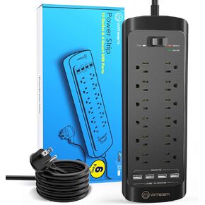 Surge Protector Power Strip - 12 Outlets, 4 USB 3.4A Ports, 6Ft Extension Cord, 1875W/15A, 4360Joules, Wall Mountable, Overload Protection - Ideal for Home & Office Use (Black-3.4A)