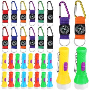 36 Pieces Camping Party Favors 18 Pieces Colorful Compass Keychains Belt Clips and 18 Pieces Mini Flashlight Keychains for Adults Kids Toys Prizes
