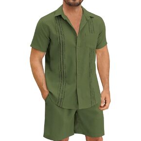 Men Linen Sets Outfits 2 Piece Short Sleeve Cuban Shirts Summer Guayabera Linen Beach Casual Set in Kuwait