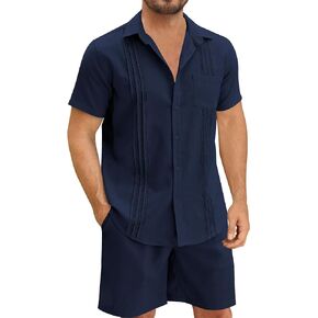 Men Linen Sets Outfits 2 Piece Short Sleeve Cuban Shirts Summer Guayabera Linen Beach Casual Set