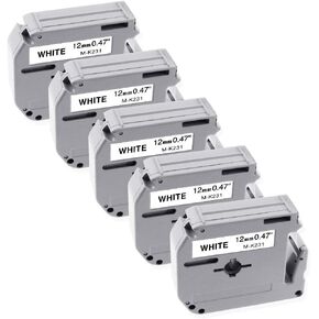 5-Pack P touch M-K231 tape Compatible for Brother M Tape 12mm 0.47 Inch MK-231 M231 M-231 M-K231S,for Brother PTouch PT-M95,PT-85,PT-75,PT-65,PT-90,PT-80 Label Maker, Black on White, 1/2 Inch x 26.2Ft