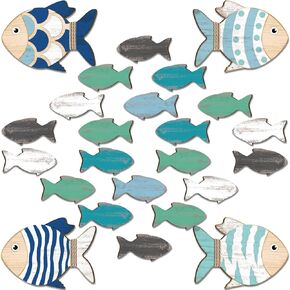 Burbell 24 Pcs Fish Nautical Beach Wall Decor Fish Wall Sculpture Decor Vintage Wooden Fish Decor Hanging Fish Wall Art Blue Fish Ornaments for Home Bedroom Bathroom Lake House Ocean Decorations