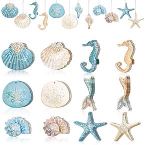 48 Pcs Summer Ocean Themed Decor Seashell Seahorse Hanging Ornaments Nautical Sea Animal Decor Tree Ornaments with Ropes Coastal Christmas Tree Ornaments for Home Weeding Birthday Party Decorations