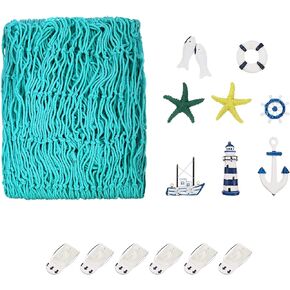 Decorative Fishnet Nautical Fishing Net Wall Hanging Decor, 8 Pieces Starfish, Sailboat, Lighthouse, Life Ring, Rudder, with Transparent Hook for Mermaid Mediterranean Party (Blue)