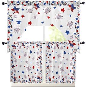 Swag Valance Curtains for Kitchen, Patriotic Freedom Stars Short Curtain Rod Pocket Window Curtain, 4th of July Memorial Day Thermal Insulated Washable Farmhouse Swag Kitchen Curtains 56"x36"