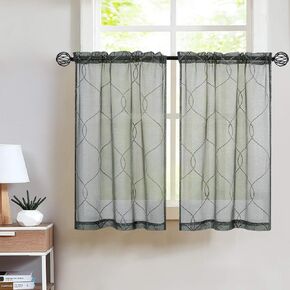 Vangao Brown Sheer Cafe Curtains for Kitchen Curtains 45 inches Semi Sheer Moroccan Trellis Embroidered Pattern Tier Curtains for Bathroom Short Curtains 2 Panels