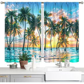 Farmhouse Daisy Kitchen Curtains Butterfly Floral Rustic Vintage Small Short Cafe Rod Pocket Window Curtains Retro Teal Wooden Country Bathroom Tier Window Treatment Drapes 26x36 Inch