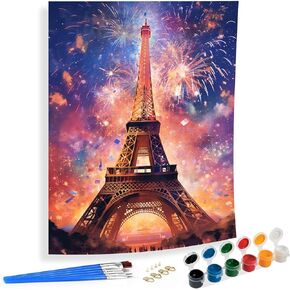 SKRYUIE Paint by Numbers Paris Tower for Adults, Acrylic Oil Painting by Numbers Kits Fireworks for Beginner with Paintbrushes Brushes Paintwork Art Crafts Canvas for Home Decor 16x20 inch / 40x50 cm