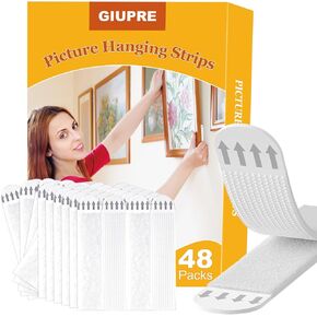 Picture Hanging Strips - 24-Pairs(48 Strips) Wall Sticky for Hanging Pictures on Wall Without Nails, Adhesive Picture Hangers Heavy Duty No Damage Picture Hanging Kit