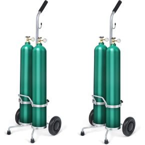 2 PCS Dual Oxygen Cylinder Cart for D/E Oxygen Tank, Lightweight Rolling Oxygen Cylinder Cart with Adjustable Handle & Sturdy Powder-Coated Finish Portable Oxygen Tank Cart with Wheels