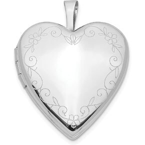 14K 20mm White Gold Flower Vine Border Heart Locket - 25mm